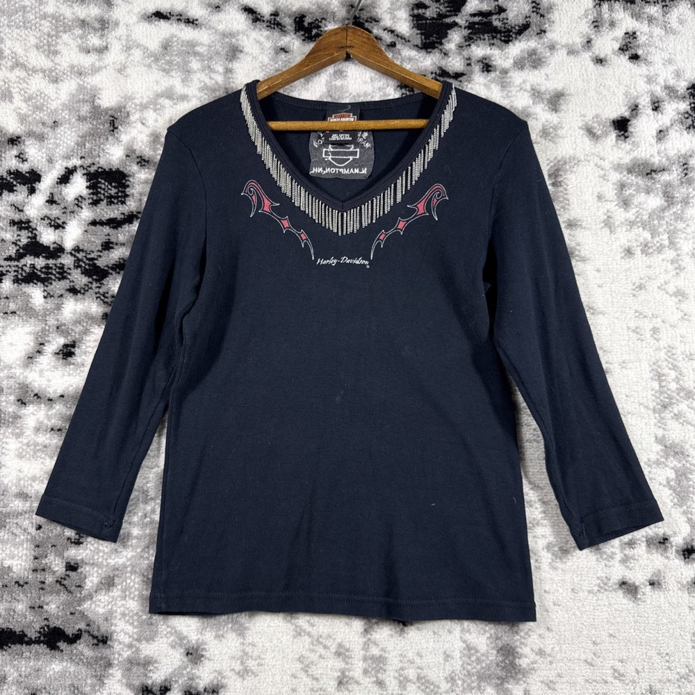 Harley Davidson Top Womens Medium Black Embroidered Seacoast North‎ Hampton